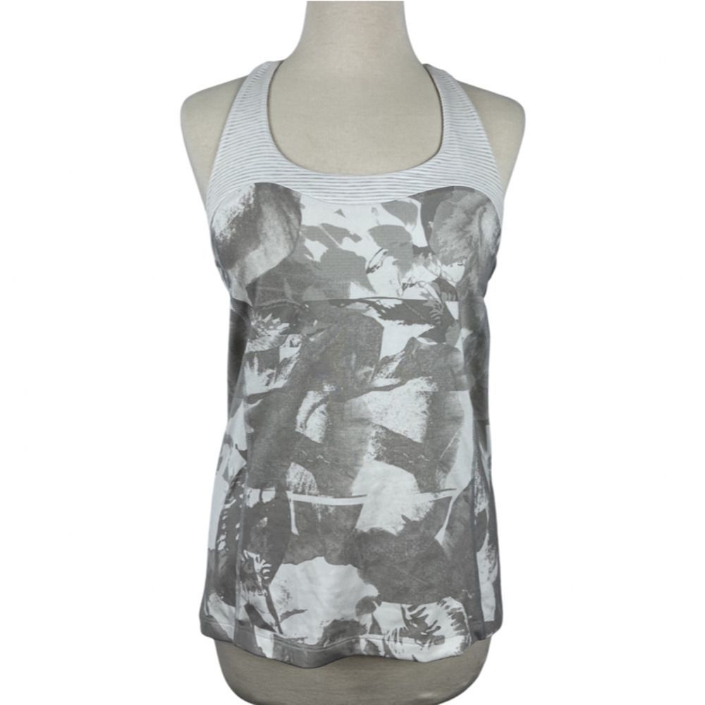 Lucy White Tank Womens Gray Print Racerback Workout Athletic Top